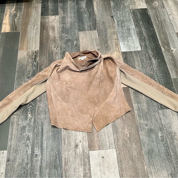 Lamarque Collection Medium Tan Madison Goat-suede Drape Front Moto jacket - Picture 10 of 16